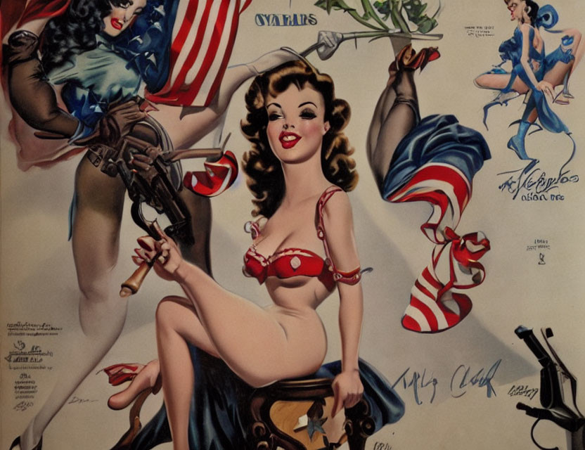 Classic Pin-Up Art: Woman in Patriotic Outfit with Rifle & American Symbols