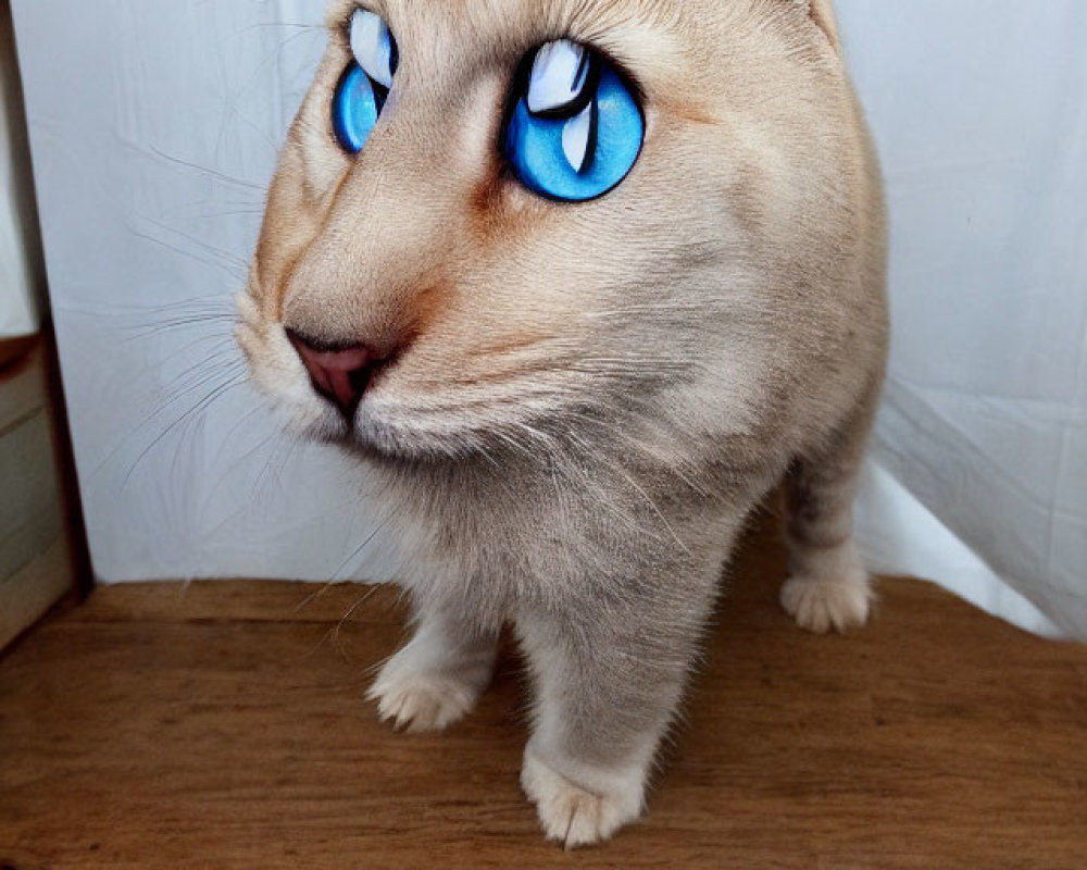 Photorealistic composite image of a cat with oversized blue anime-style eyes