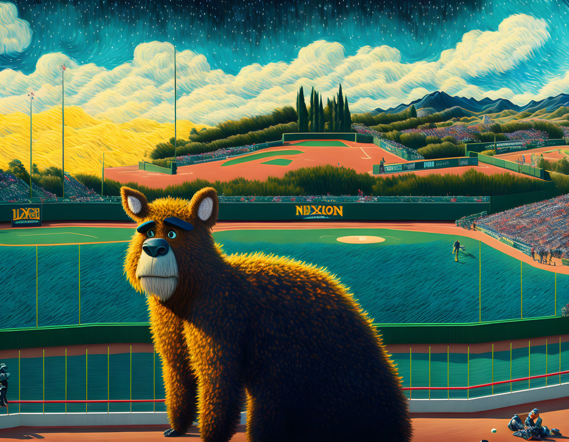 Stylized brown bear in colorful baseball stadium with spectators