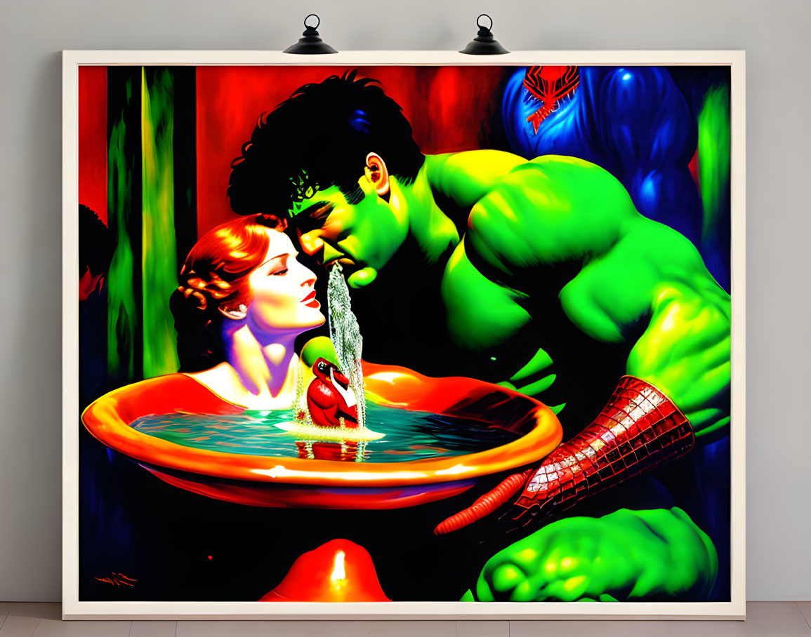 Colorful surreal artwork: Couple embracing over giant cocktail glass with Hulk-like figure and Spider-Man elements