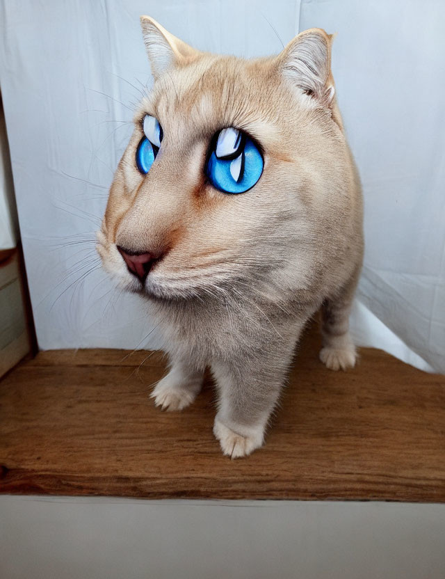 Photorealistic composite image of a cat with oversized blue anime-style eyes