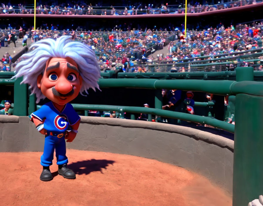 Animated character resembling Albert Einstein in baseball uniform at stadium