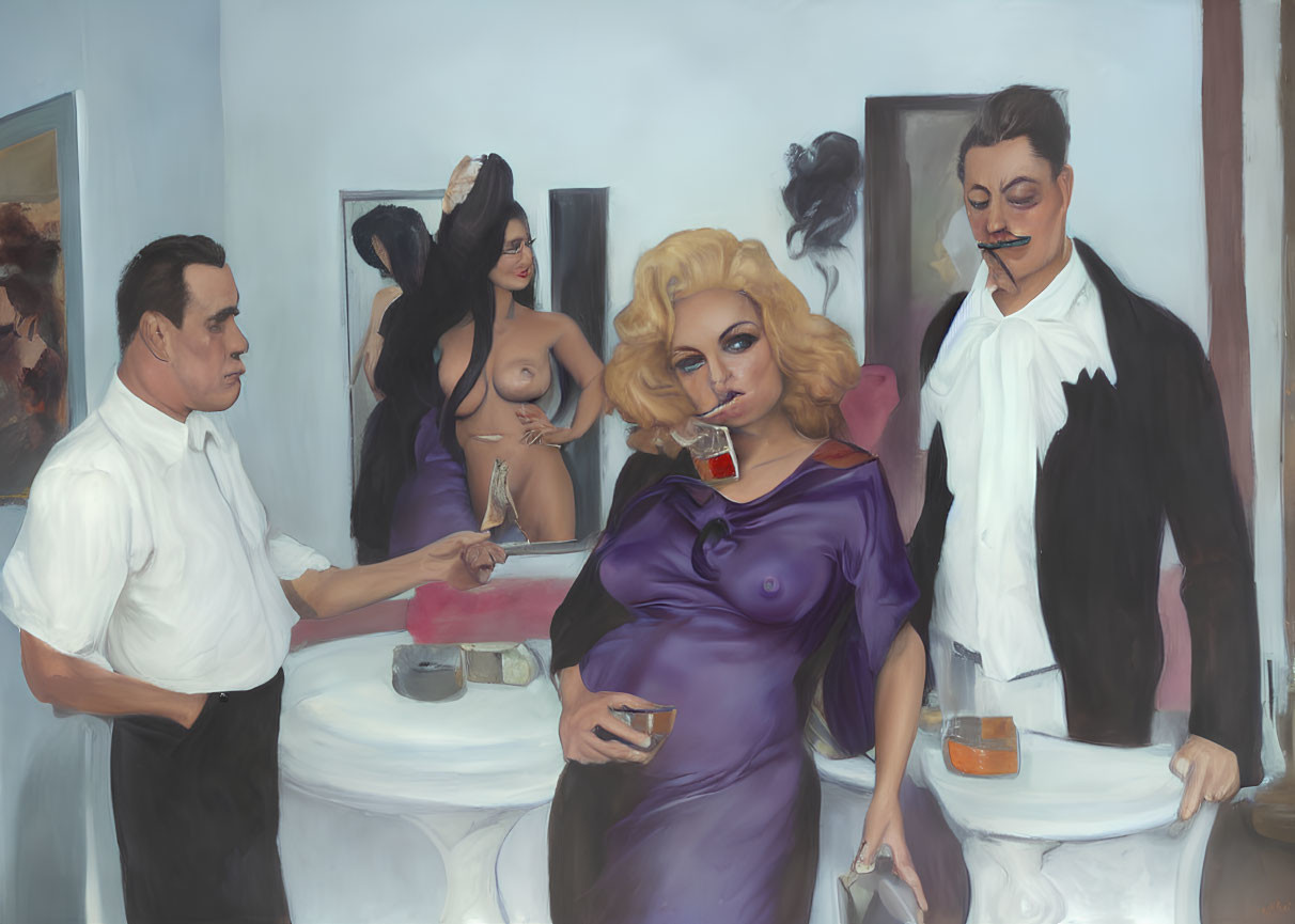 Artistic painting of four individuals in a room with a blond woman sipping a drink.