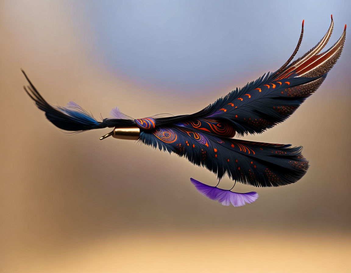 Colorful Stylized Bird Illustration in Mid-Flight on Soft Background