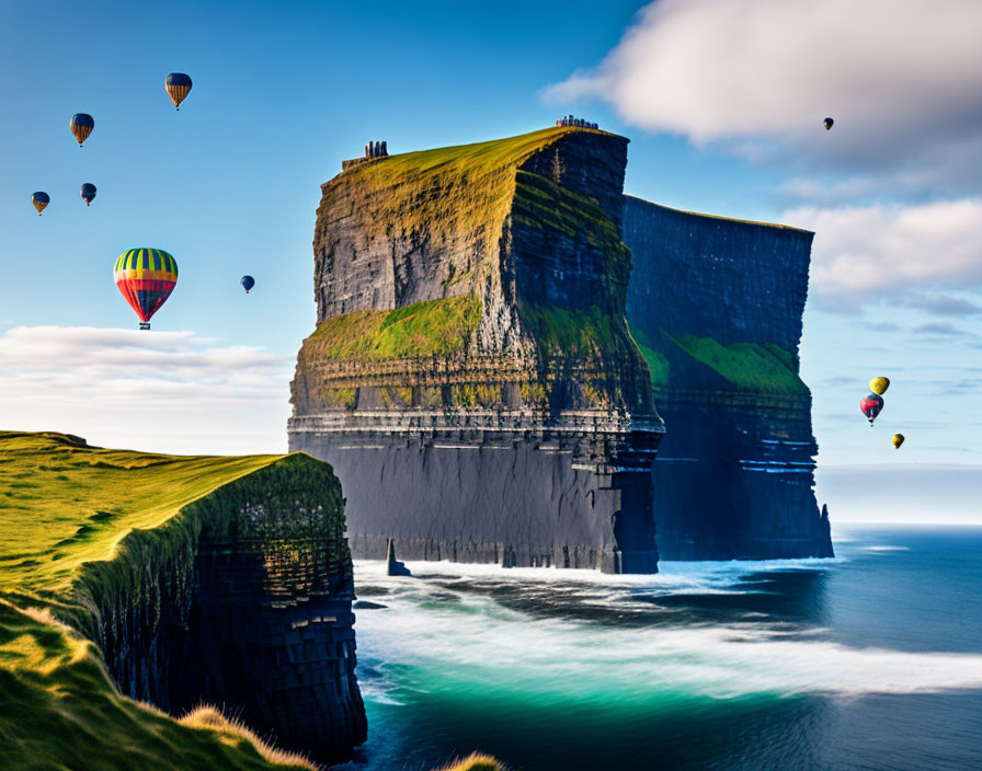 Majestic cliffs and colorful hot air balloons by the sea