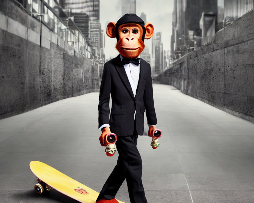 Digital artwork of chimpanzee in suit on skateboard with yo-yo in cityscape