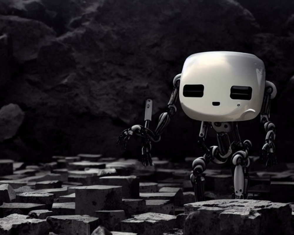 Monochrome humanoid robot with large head in rocky landscape