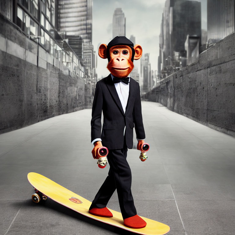 Digital artwork of chimpanzee in suit on skateboard with yo-yo in cityscape