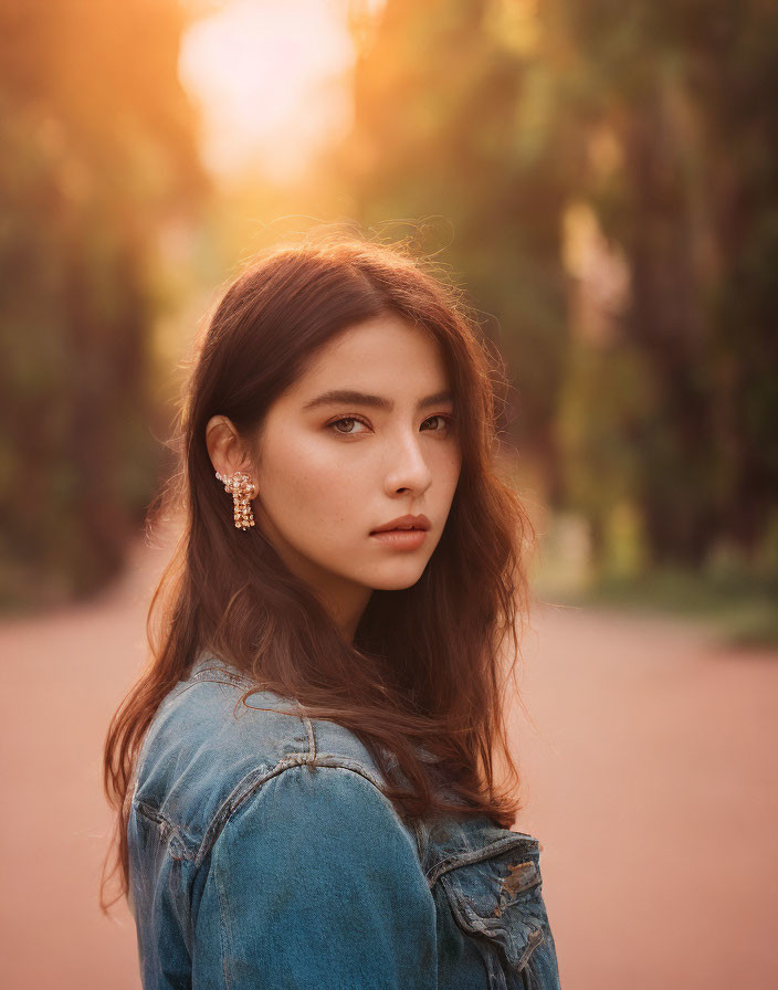 Dark-haired woman in denim jacket and earring, looking at camera with sunset and trees.