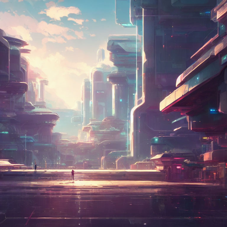 Futuristic cityscape with towering buildings and lone figure in ethereal light