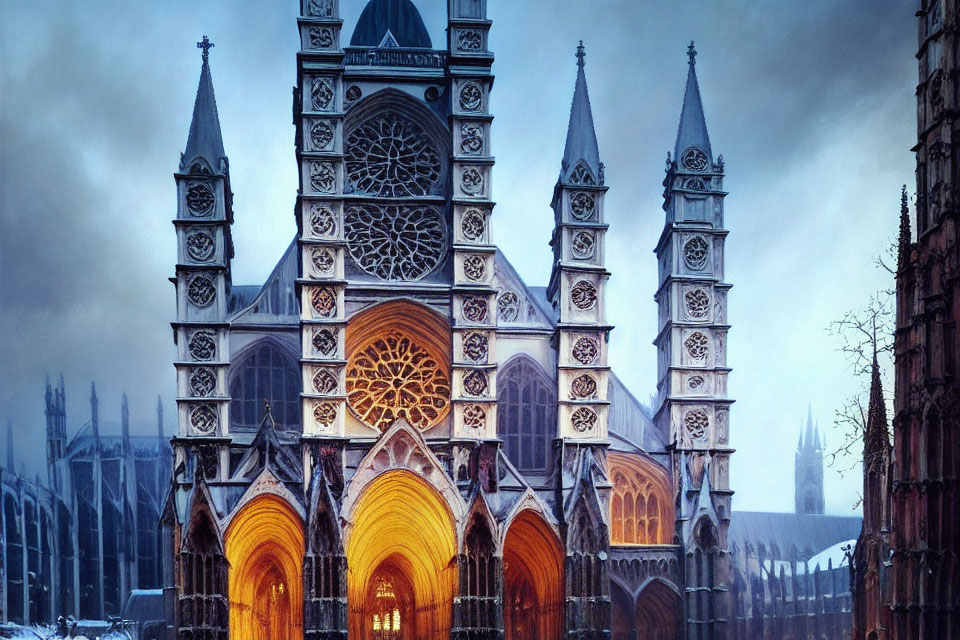 Gothic Cathedral with Rose Window and Spires at Dusk