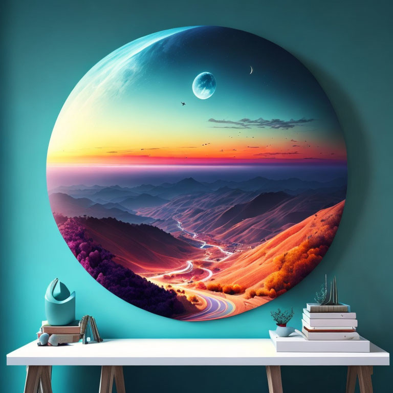 Circular surreal landscape wall art in teal room with decor and books