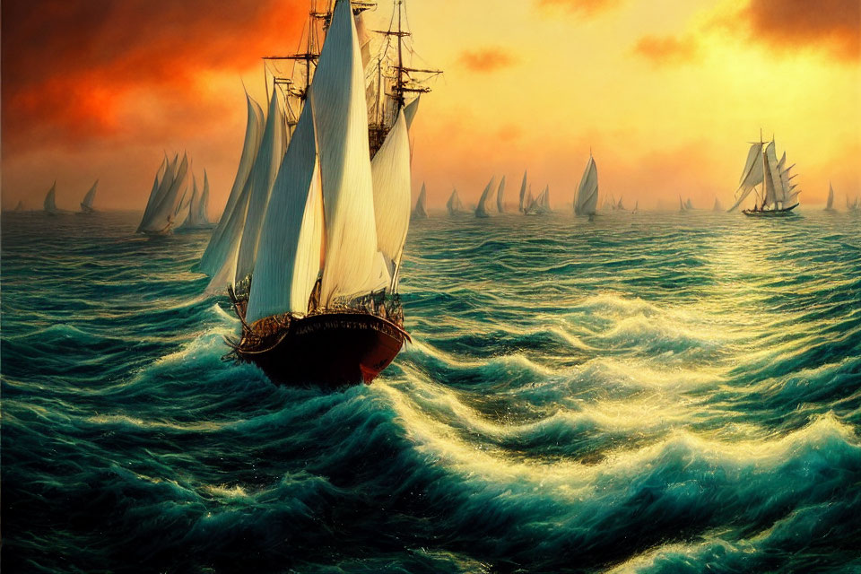 Tall ships with billowing sails on emerald seas at fiery sunset