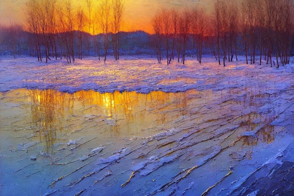 Colorful Winter Sunset Reflecting on Icy Landscape