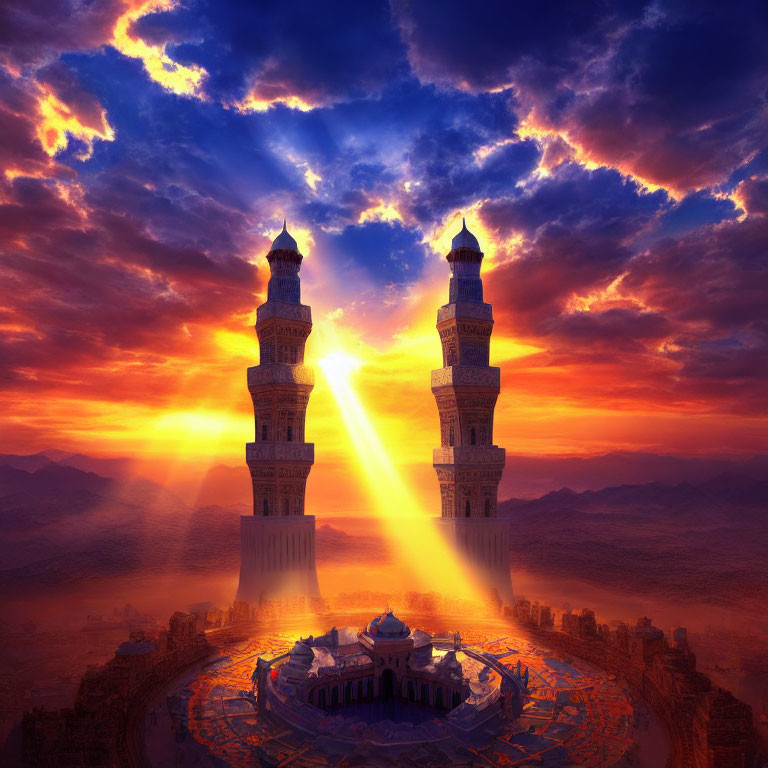 Majestic mosque with towering minarets under golden sunset