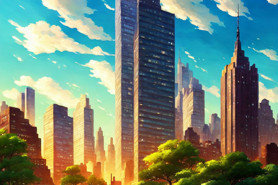 Cityscape with Vibrant Skyscrapers at Sunset & Long Shadows