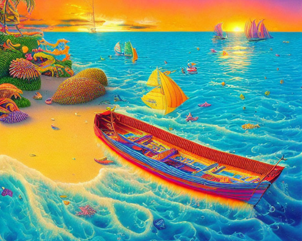 Surreal beach scene at sunset with beached boat & colorful sea life