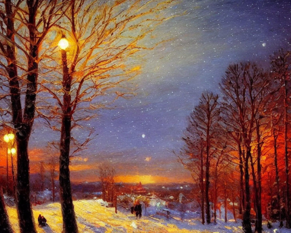 Winter Night Scene: Glowing Lamps, Starry Sky, People Walking