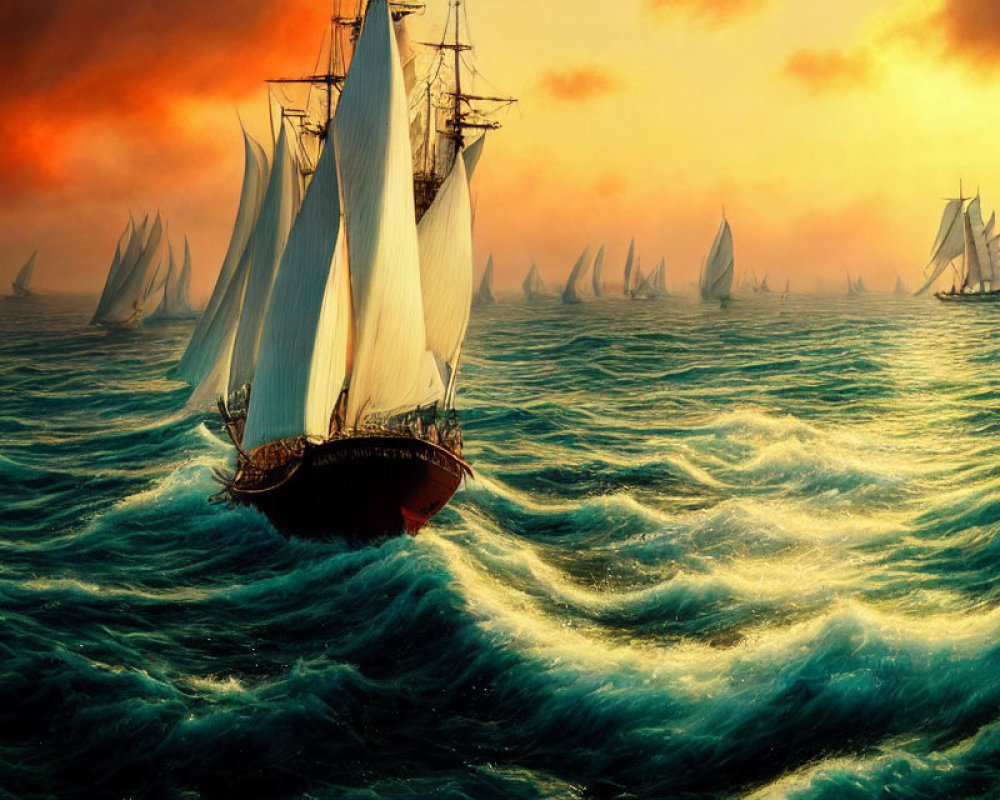 Tall ships with billowing sails on emerald seas at fiery sunset