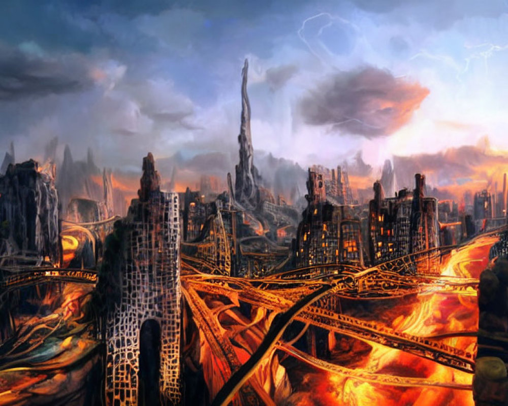 Dystopian cityscape with molten lava, crumbling buildings, and stormy skies