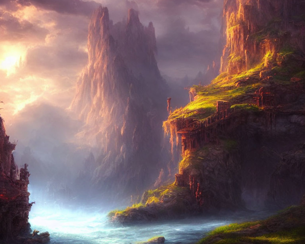 Mystical landscape with towering cliffs, tranquil river, and ancient ruins under warm misty glow