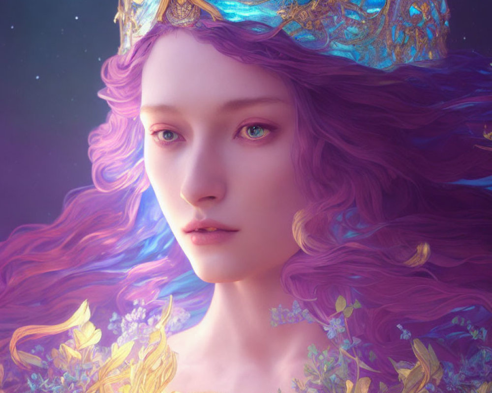 Portrait of woman with violet hair in golden crown and purple aura