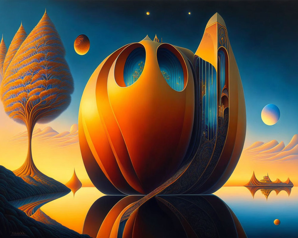 Surreal landscape featuring futuristic orange building, stylized trees, floating orbs, and day-to-night