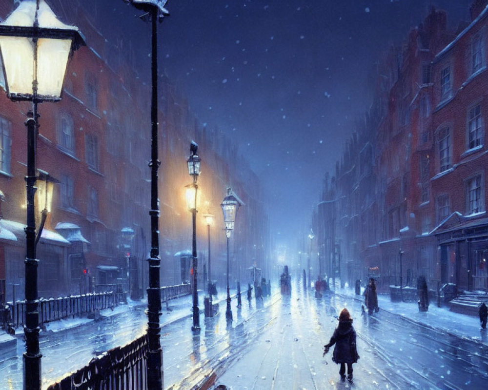 Snowy City Evening Scene with Pedestrians and Glowing Street Lamps