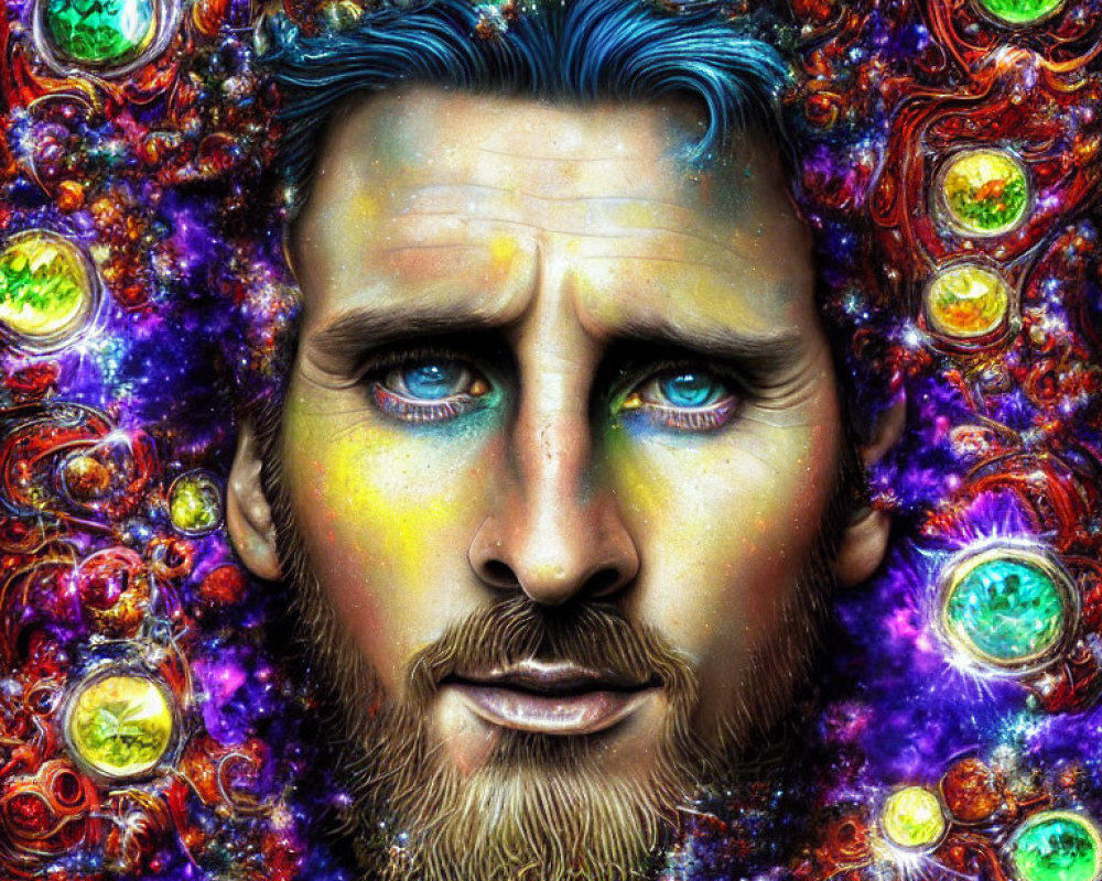 Colorful digital portrait of a man with blue eyes and beard in cosmic setting