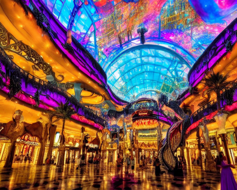 Colorful illuminated ceiling in vibrant shopping mall interior