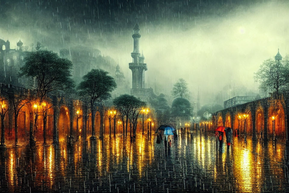 Nighttime Rainy Street Scene with People Holding Umbrellas