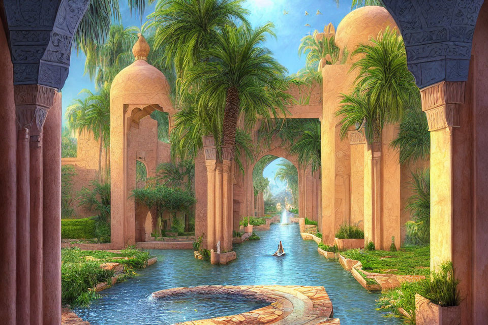 Idyllic river scene with ancient palace and palm trees