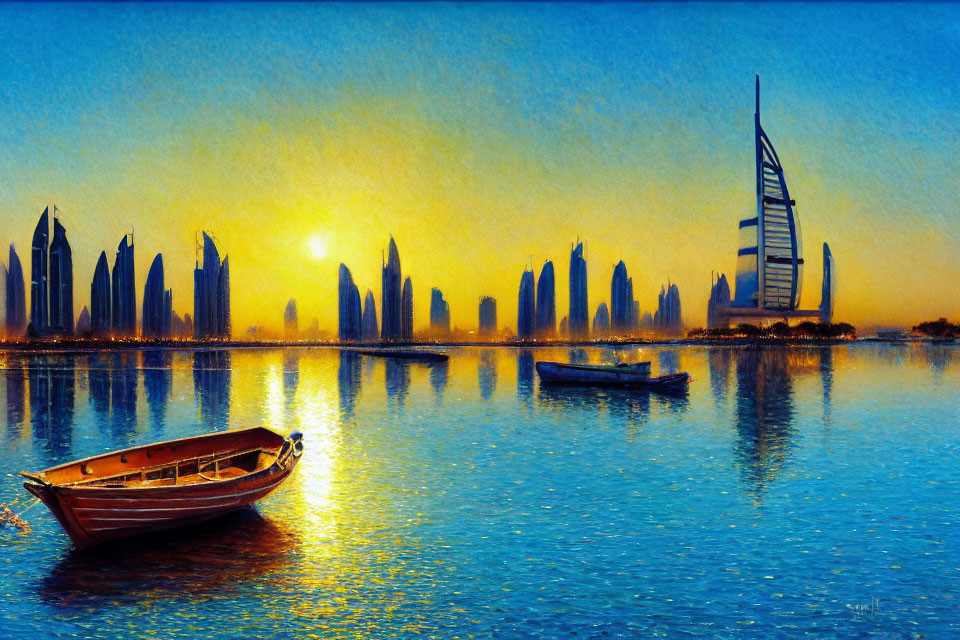 Tranquil city skyline at sunset with iconic buildings and boats reflected in water