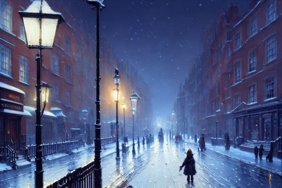 Snowy City Evening Scene with Pedestrians and Glowing Street Lamps