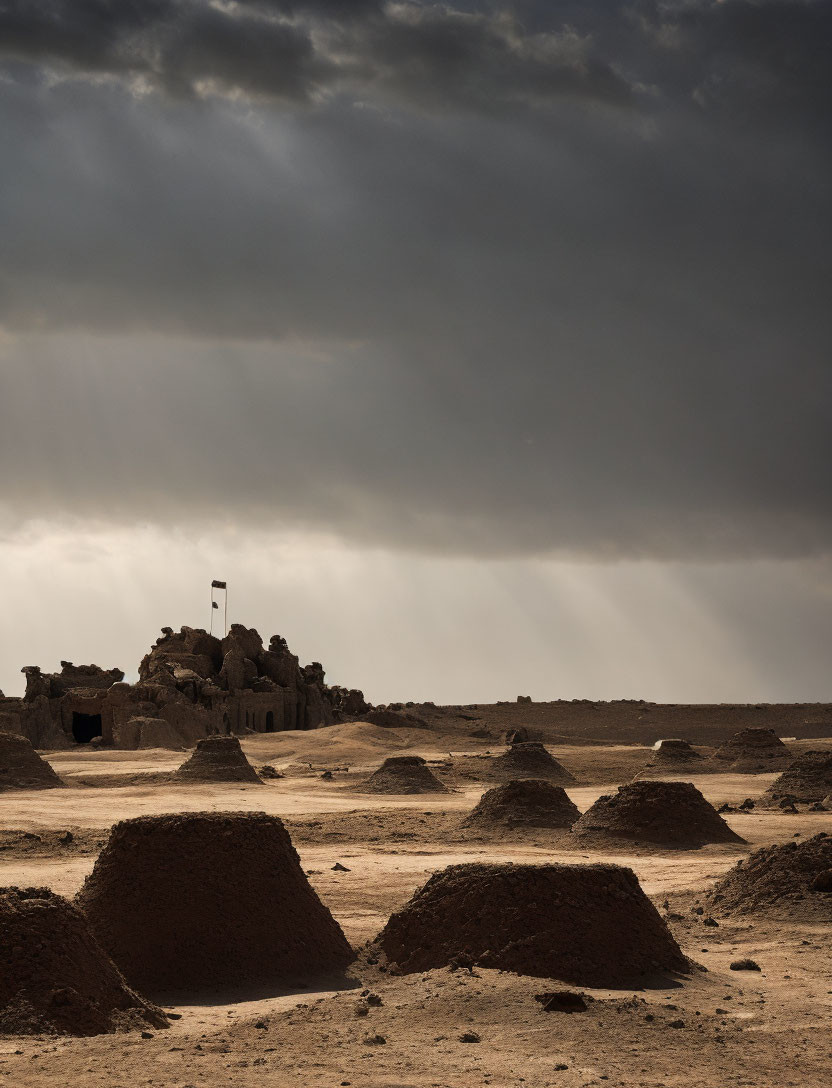 Desolate landscape with cone-shaped mud structures under dramatic cloudy sky