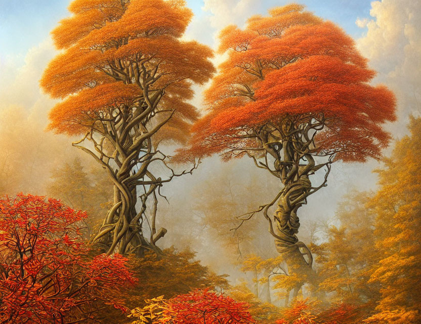 Vibrant autumn forest with twisted orange trees in misty sunlight