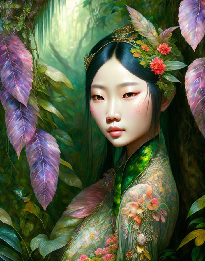 Digital Artwork: Woman in Green Attire with Floral Decorations in Enchanted Forest