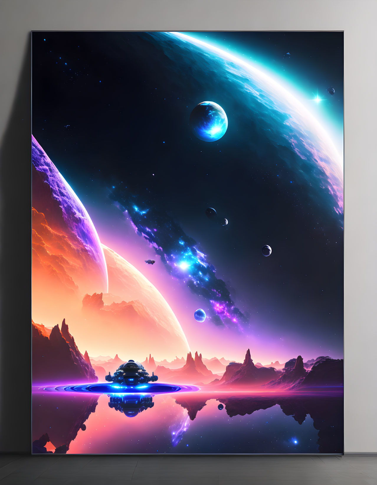 Colorful Space-Themed Canvas Artwork with Planets and Alien Terrain