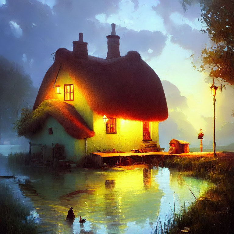 Thatched-roof cottage by serene lake at dusk