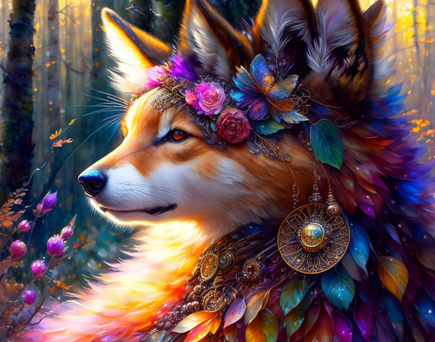 Regal fox with floral crown in enchanted forest