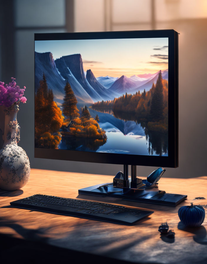 Desk setup with vibrant landscape wallpaper and desk accessories