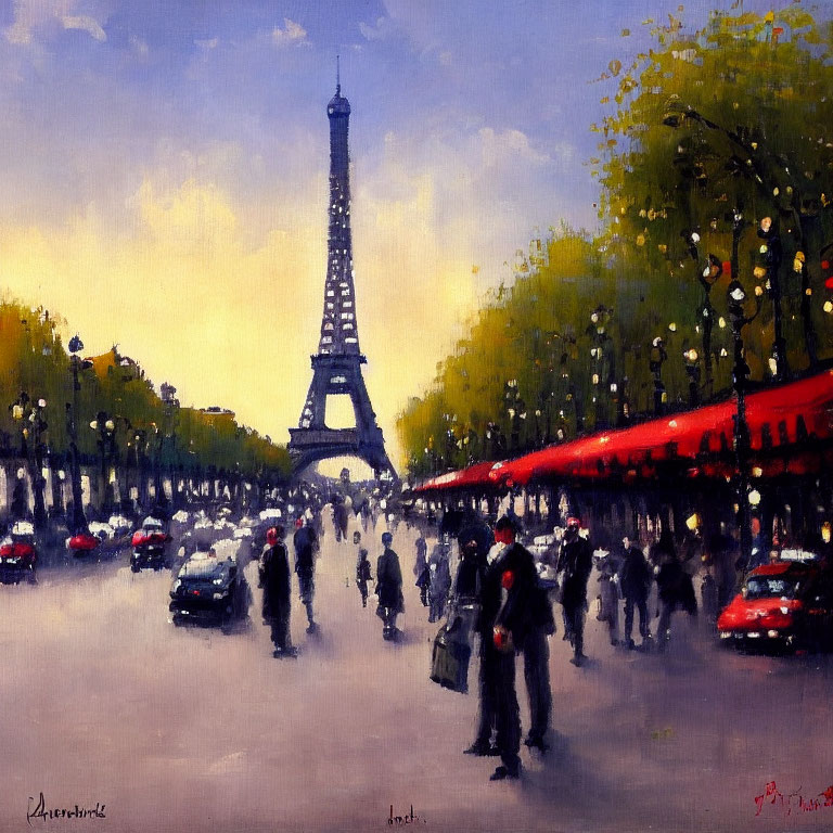 Vibrant Paris street scene with Eiffel Tower, people, cars, and trees