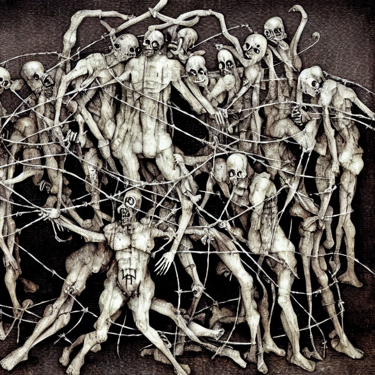 Detailed Dark Artwork: Chaotic Mass of Skeletal Figures