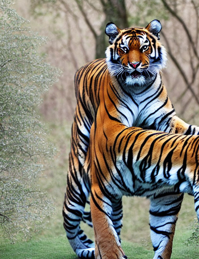 Majestic tiger in lush green setting with piercing eyes