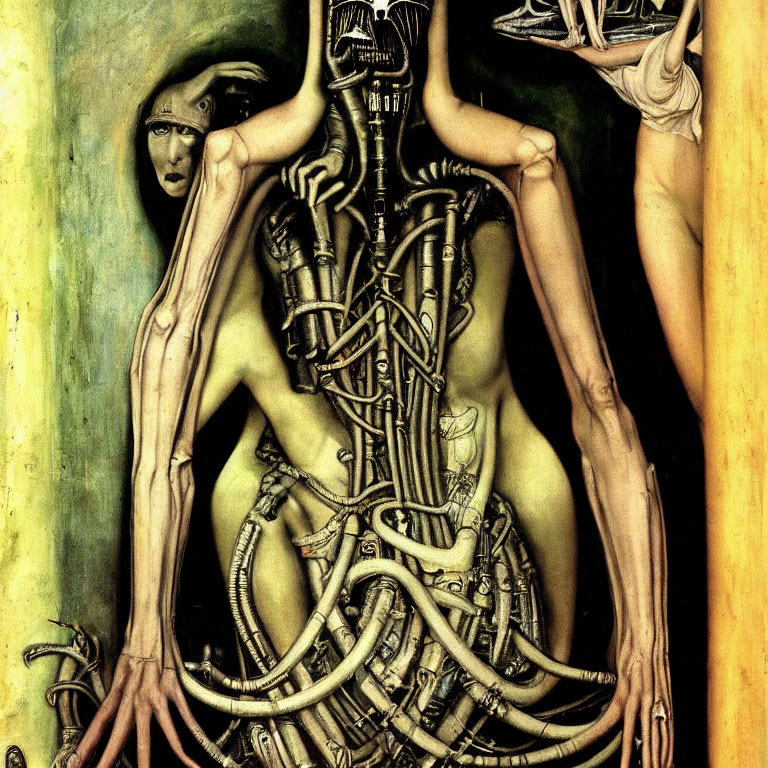 Surreal artwork featuring biomechanical humanoid and mystic figures