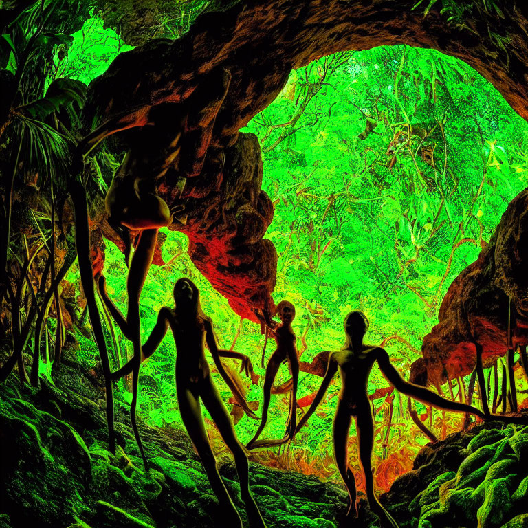 Silhouetted figures at cave entrance amid vibrant green foliage