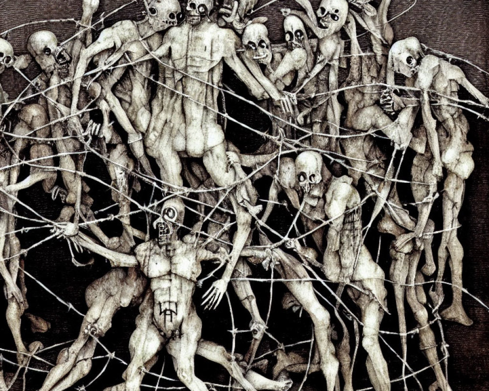 Detailed Dark Artwork: Chaotic Mass of Skeletal Figures