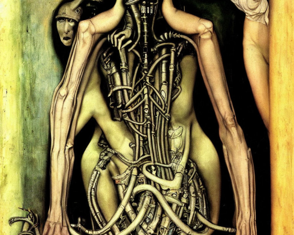 Surreal artwork featuring biomechanical humanoid and mystic figures