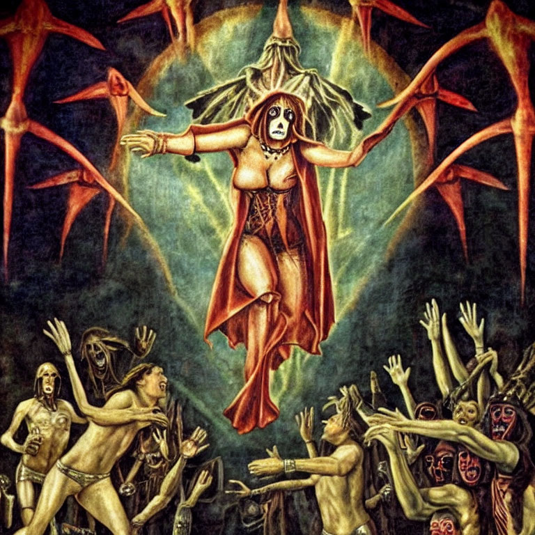 Dark surreal illustration of robed female surrounded by frenzied figures and skeletal beings on green backdrop