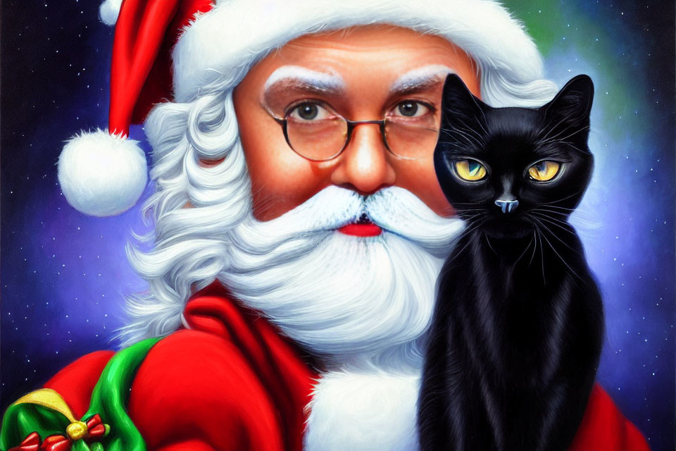 Realistic Santa Claus with Black Cat on Cosmic Background